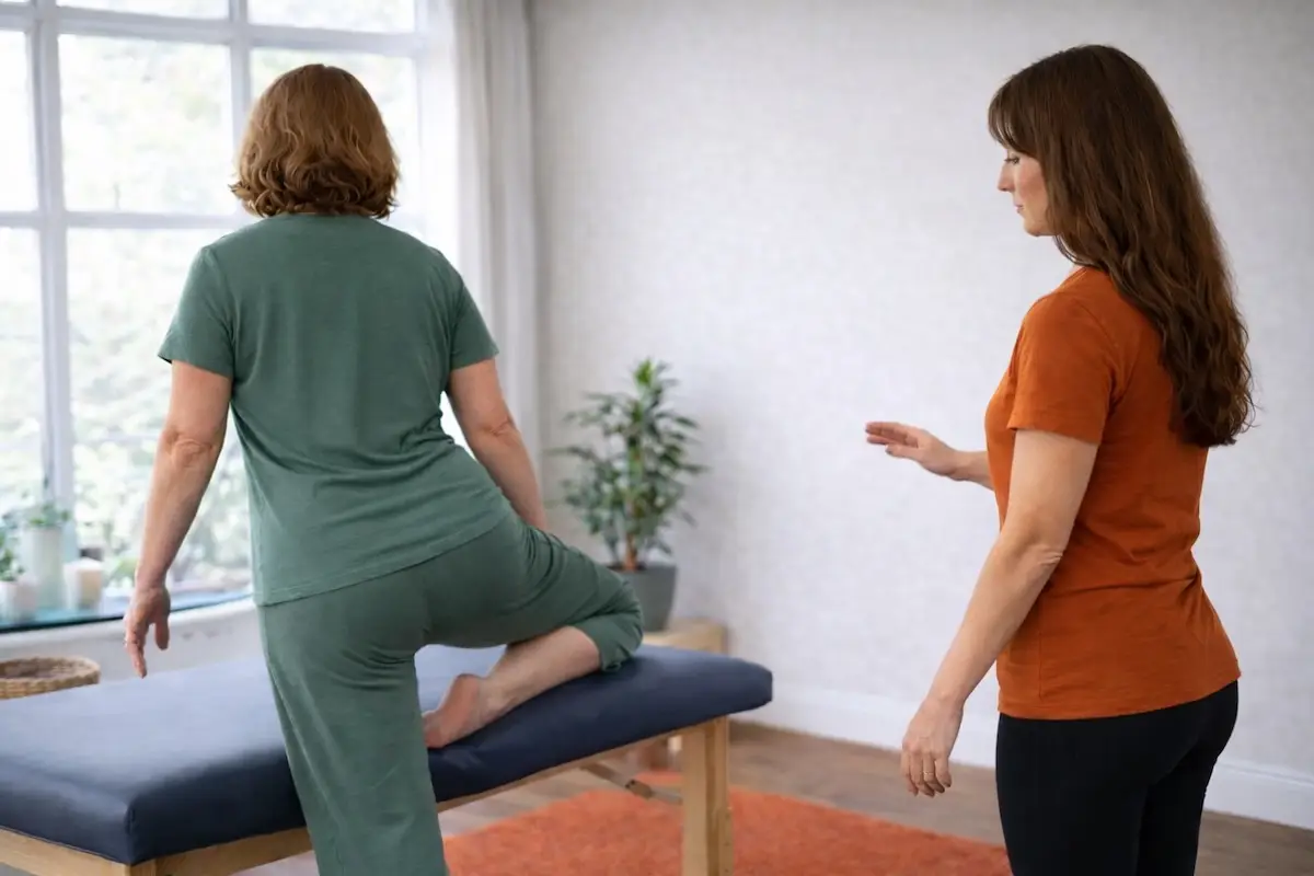 private yoga teacher giving student instruction