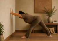 Student using a wall to practice Parsvottanasana