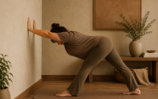 Student using a wall to practice Parsvottanasana
