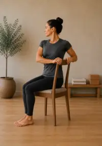 Bharadvajasana yoga twist on a chair